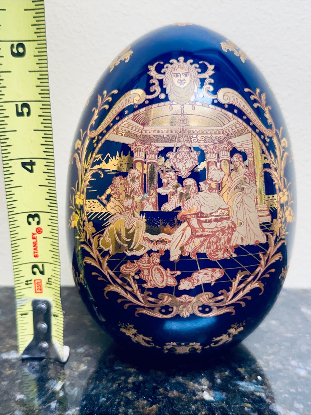 Vintage Blue and Gold Decorative Porcelain Egg, Limoges replica